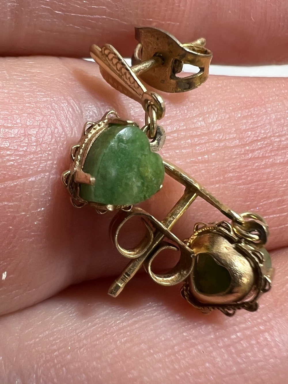 Vintage 14k Gold Heart Jade Drop Earrings